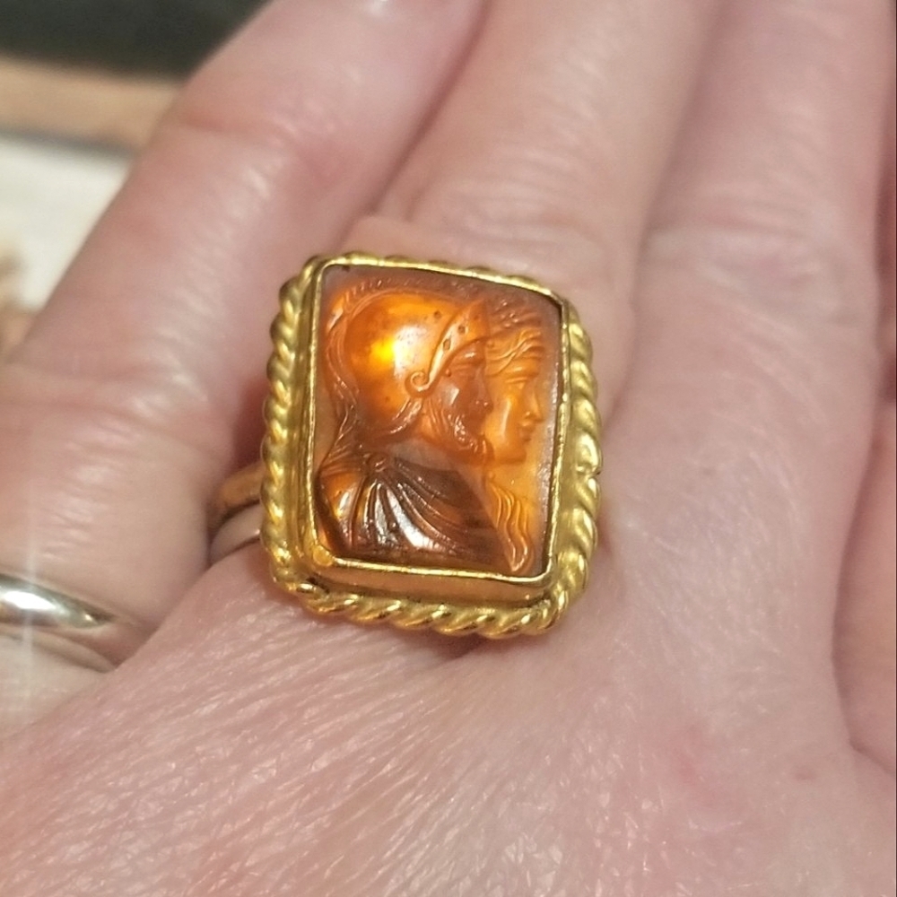 Antique Carnelian Glass Cameo in 24k Vermeil Sterling Ring